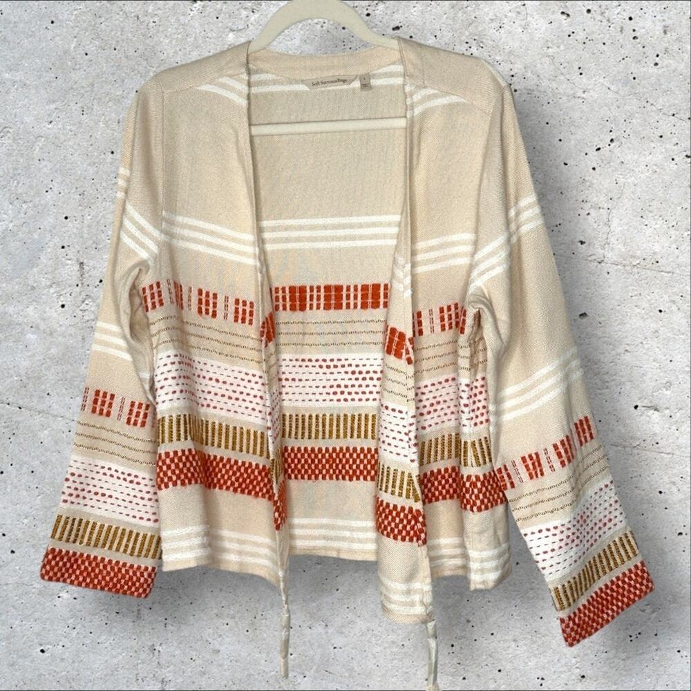 Soft Surroundings Cream Colored Embroidered Woven Stripe Duster‎ Cardigan Large